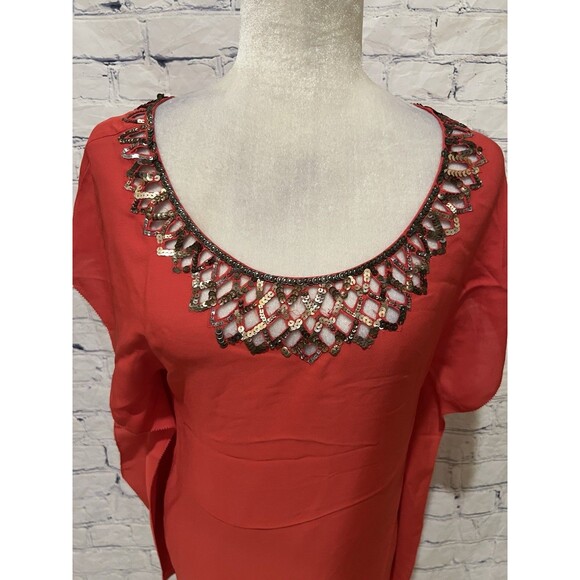 BCBG Maxazria Silk red flutter sleeve Gold Sequin scoop neck blouse top Small - Picture 2 of 8